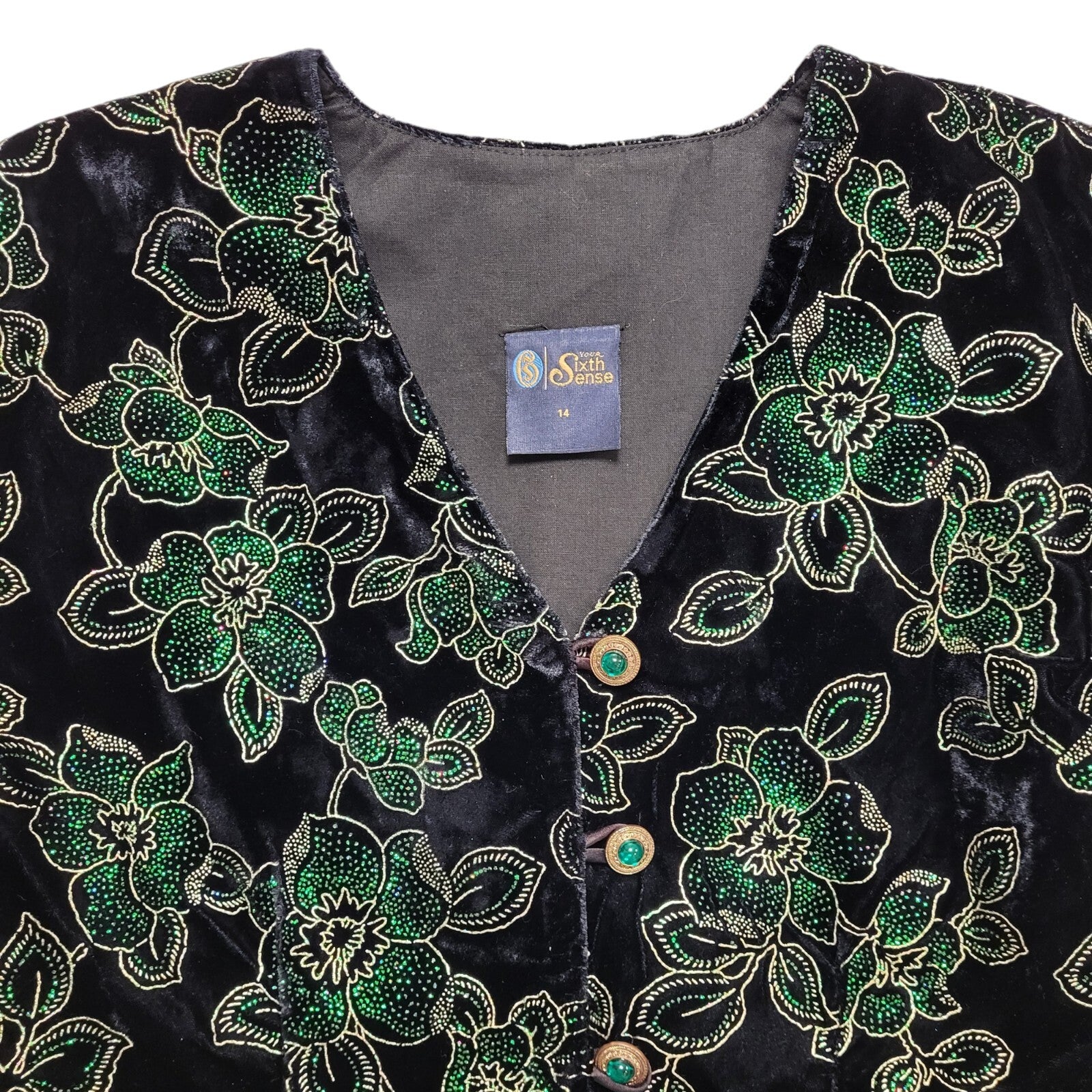Sixth Sense Vintage 90's Black Green Floral Button Front Jacket Womens UK 14