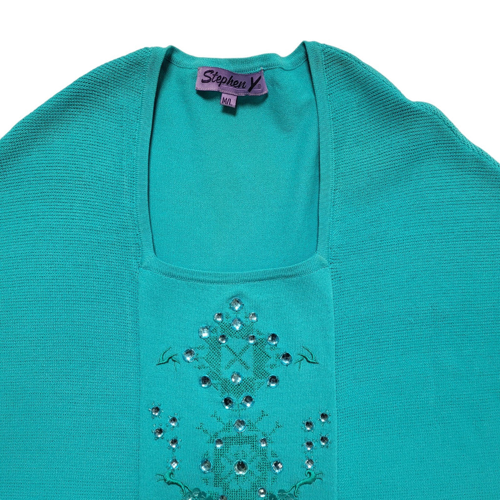 Stephen Y Vintage 80's Teal Jewelled Short Sleeve Jumper Womens UK M/L