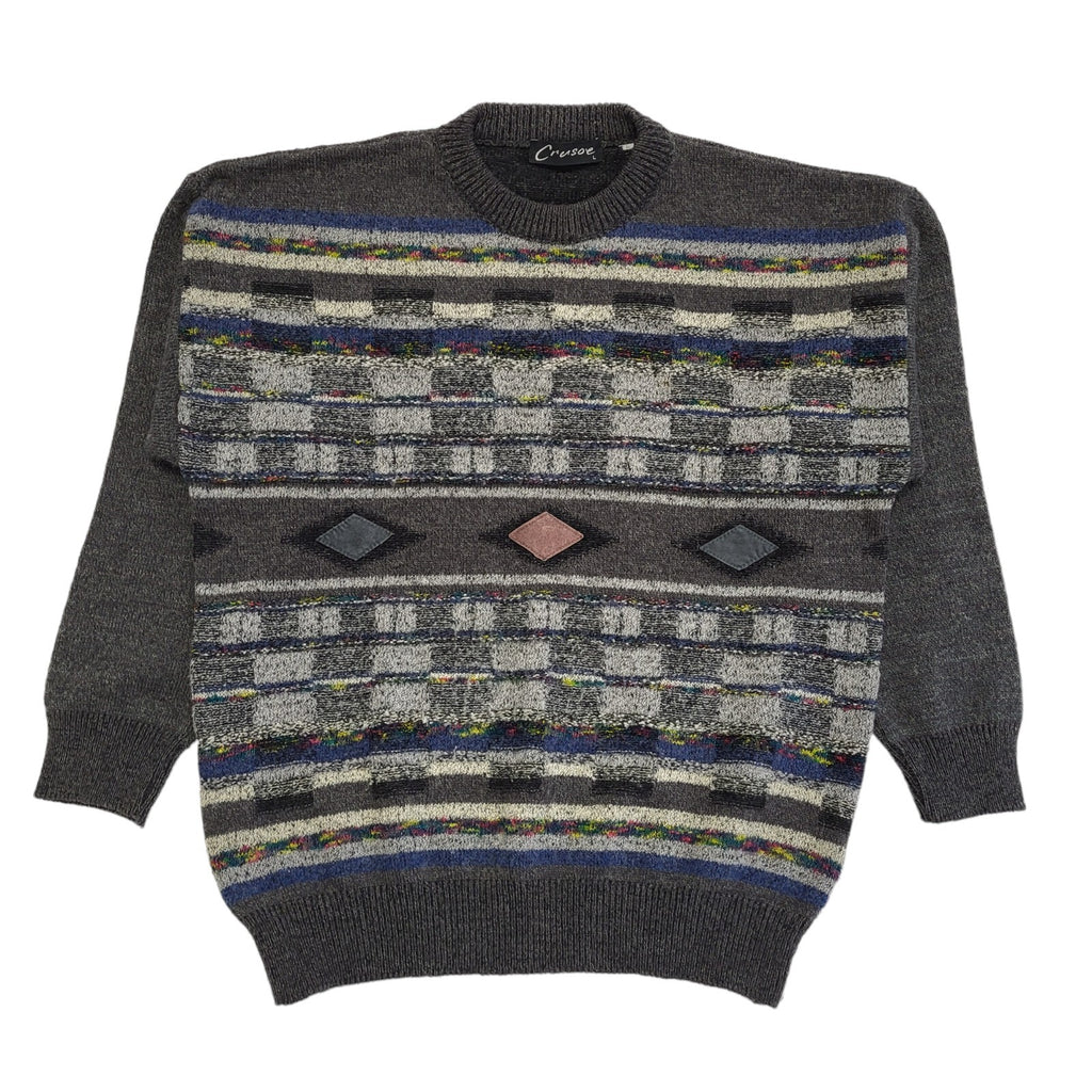 Crusoe Vintage 80s Grey Blue Crew Neck Acrylic Jumper Men's Size L
