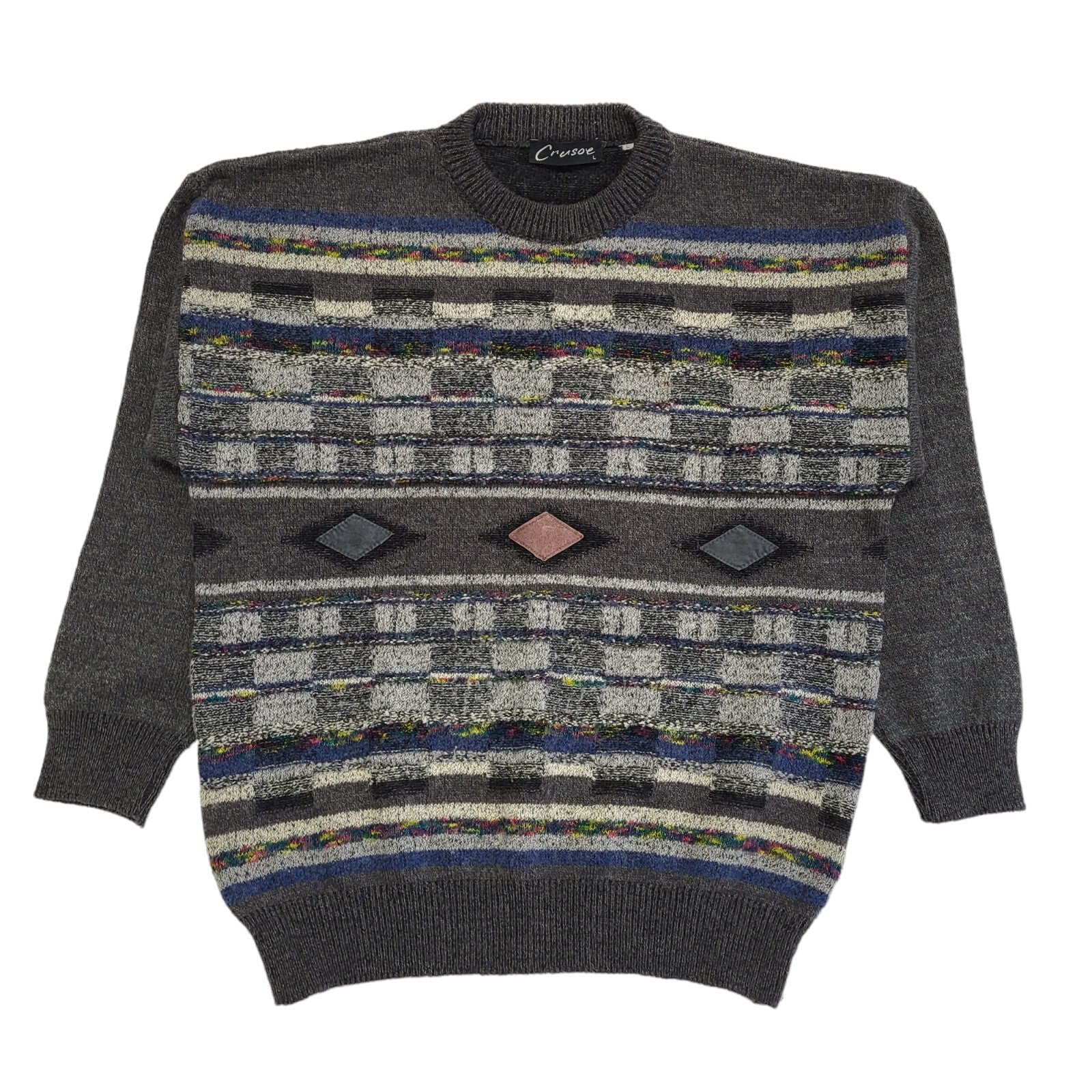 Crusoe Vintage 80s Grey Blue Crew Neck Acrylic Jumper Men's Size L