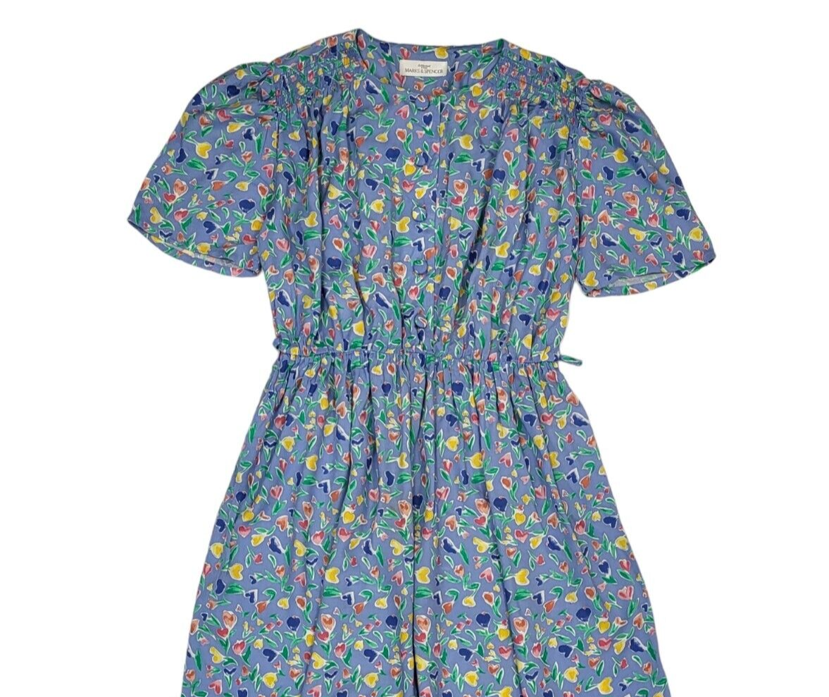 90s Vintage St Michael Blue Floral Buttoned Daywear Dress Women's Size 14