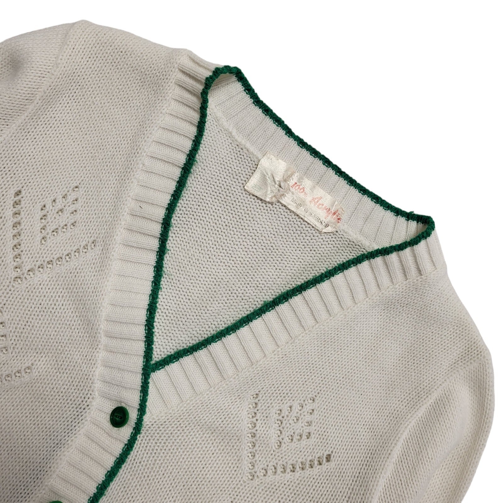 Vintage 80's White & Green Button Up Cardigan UK Womens Size XS