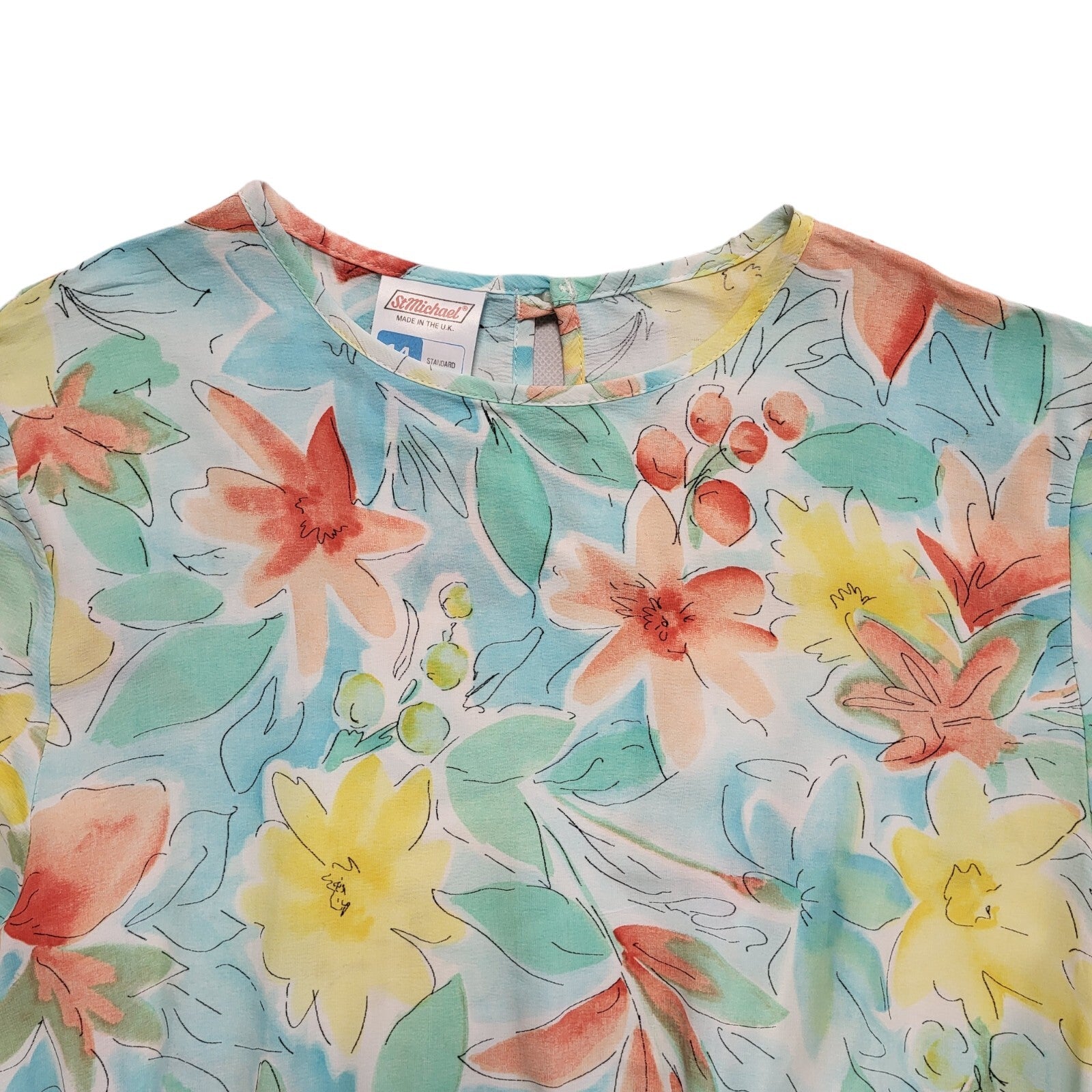 St Michael Vintage 80's Blue Floral Daywear Dress Uk Women's Size 14