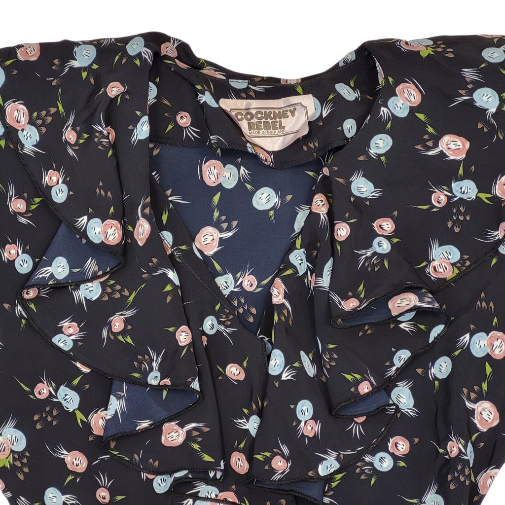 80s Vintage Cockney Rebel Black Floral Belted Daywear Dress Women's 12