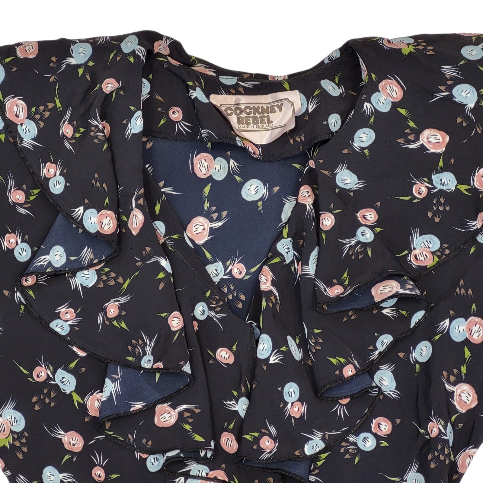 80s Vintage Cockney Rebel Black Floral Belted Daywear Dress Women's 12