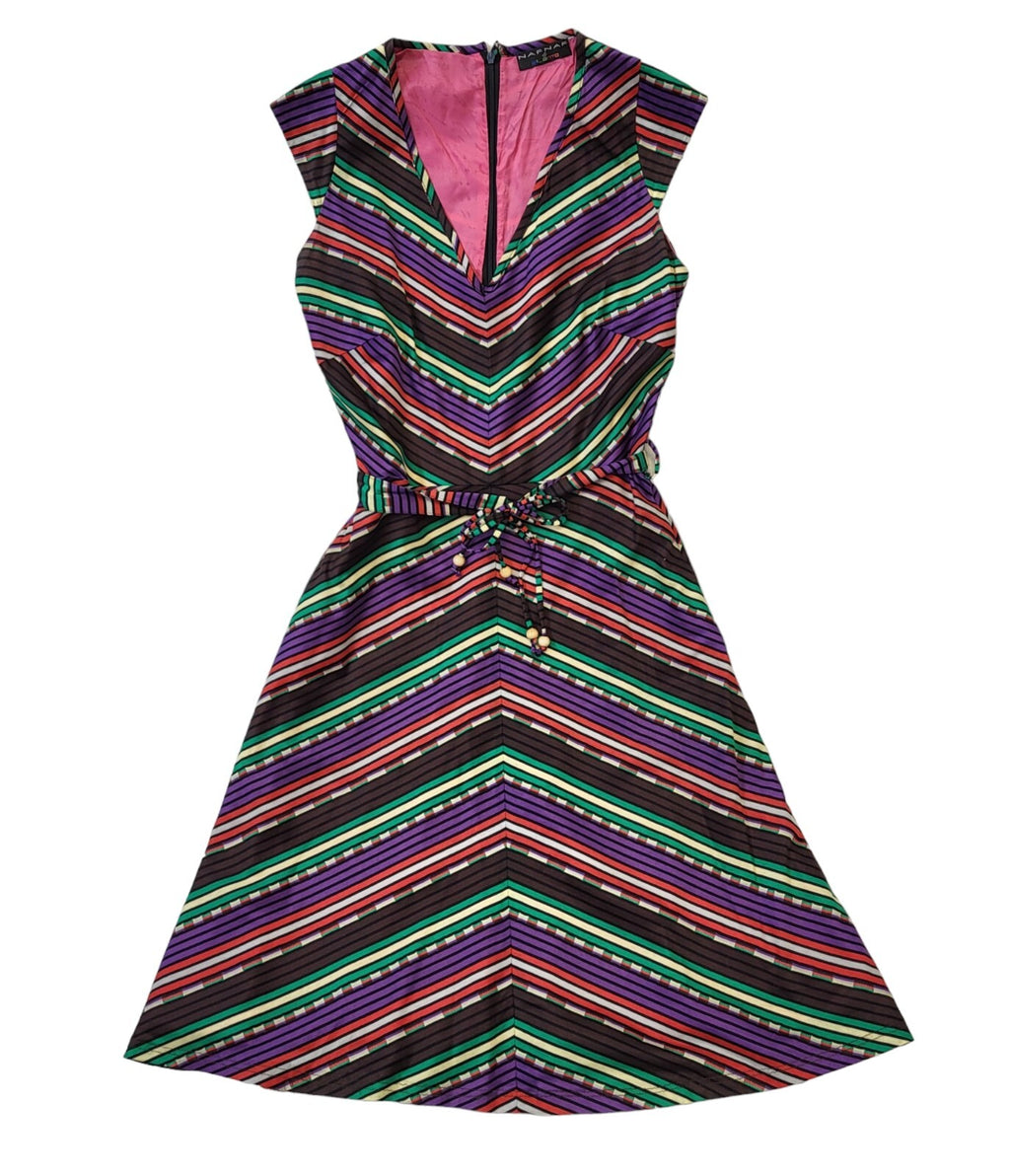 Naf Naf 90s Vintage Multicoloured A-Line Belted Dress Women's Size 10