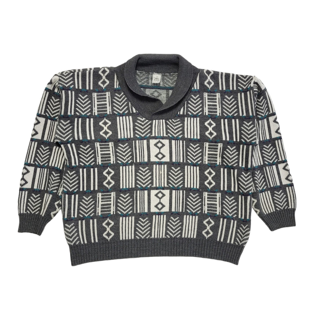 Vintage 80s Grey & White Geometric Collared Jumper Men's UK Large