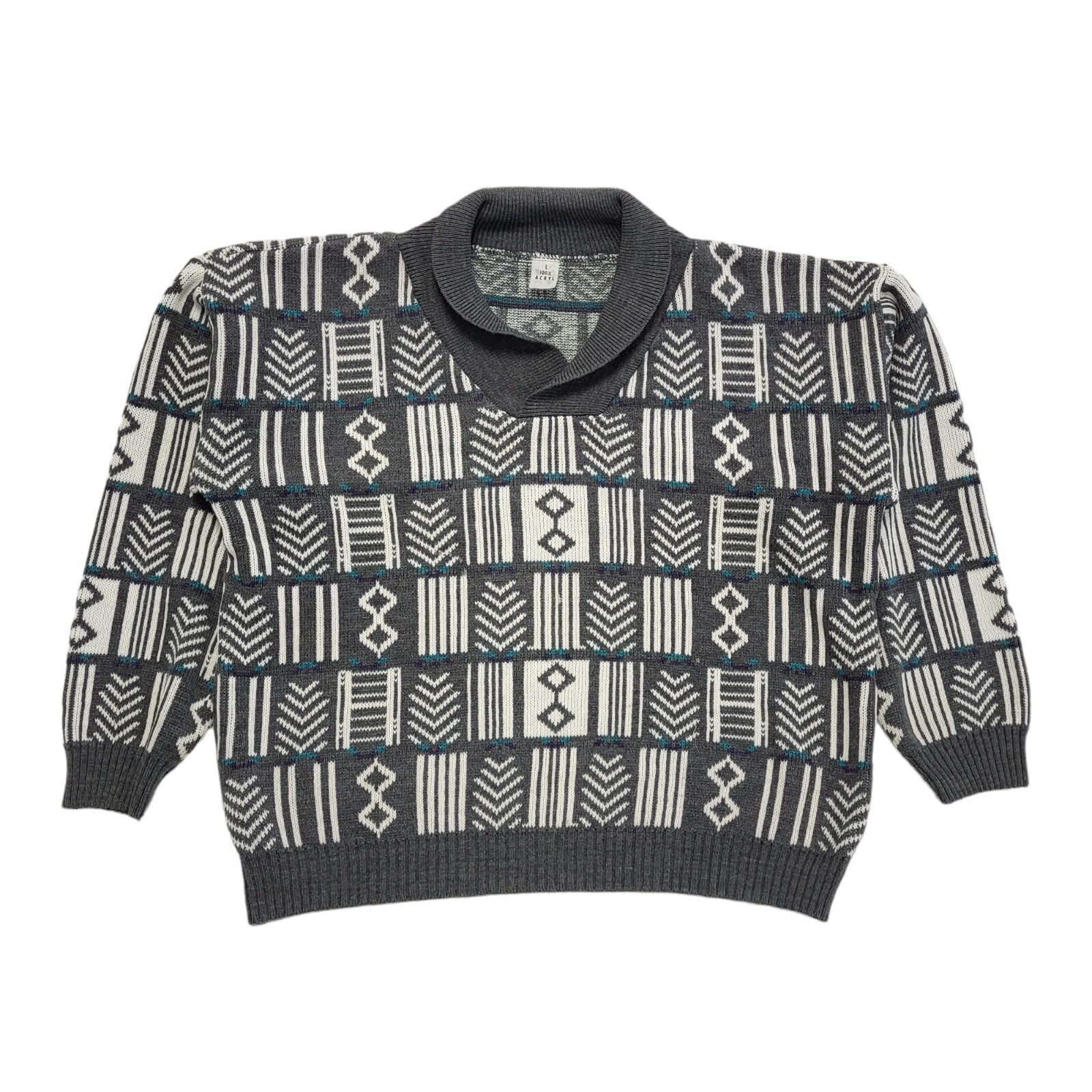 Vintage 80s Grey & White Geometric Collared Jumper Men's UK Large