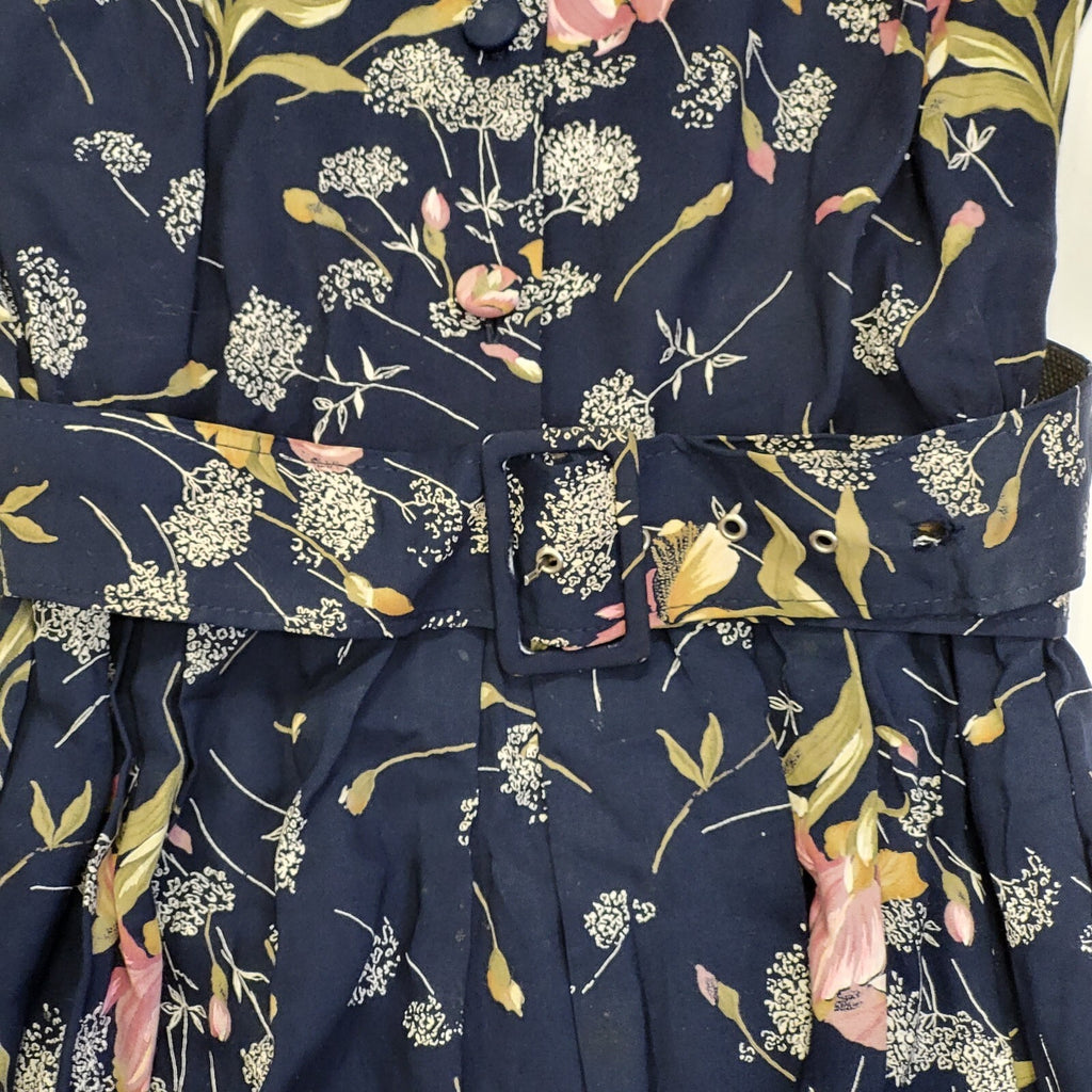 Bhs 80s Vintage Blue Floral Belted & Collared Dress Women's 10