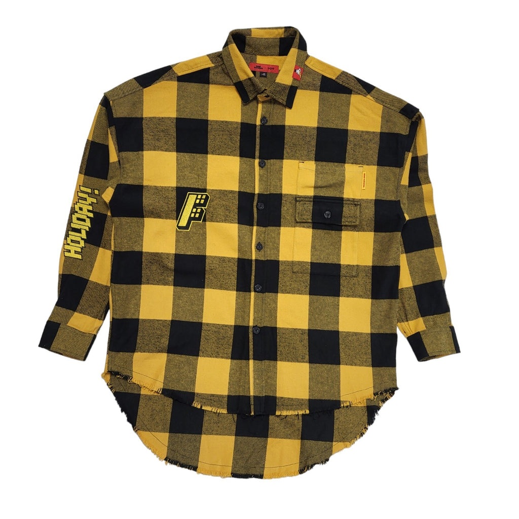 Mark Fair Whale Y2K Thick Yellow & Black Checked Long Sleeve Shirt Mens UK M