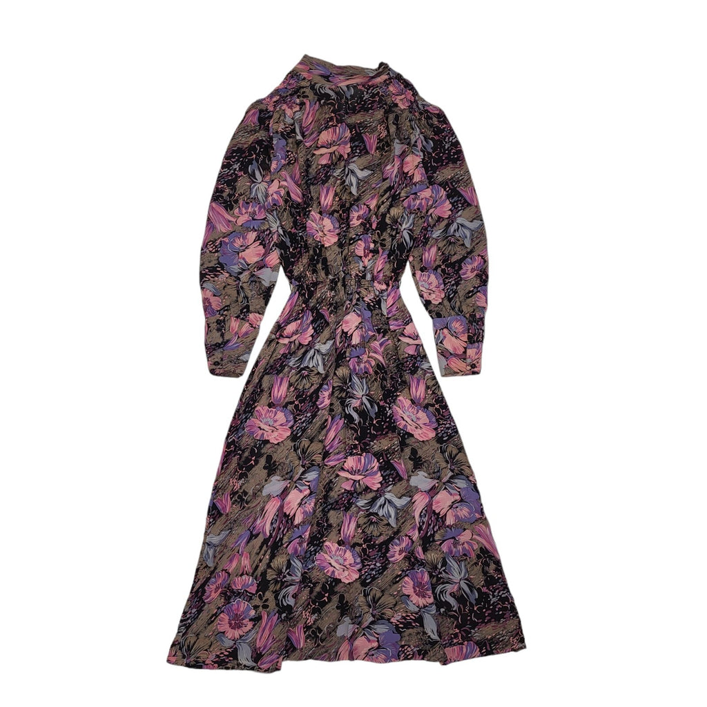 80s Vintage French Purple Floral Bow Neck Dress Women's 6/8