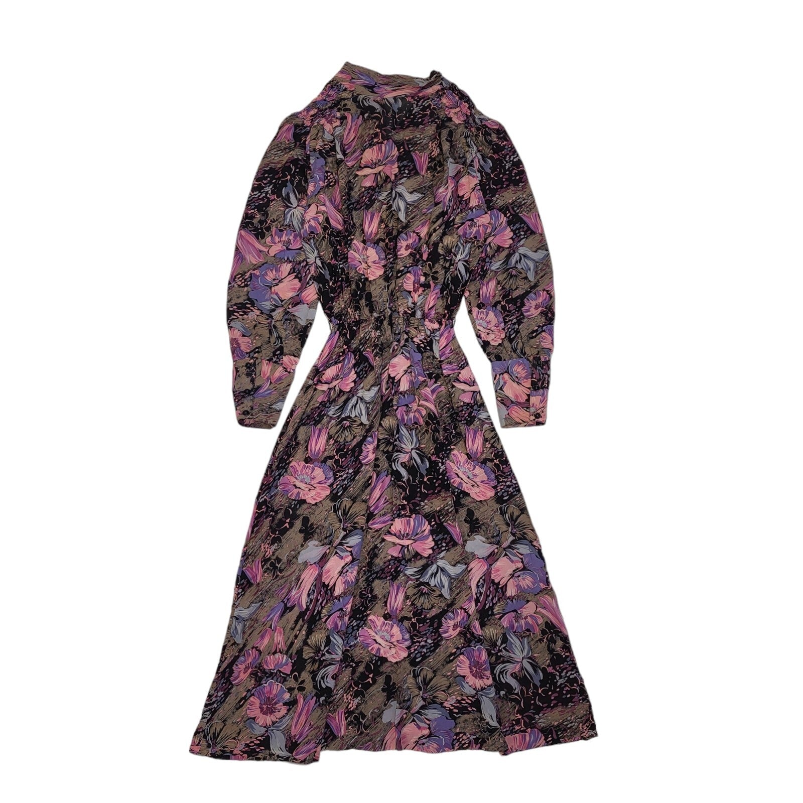 80s Vintage French Purple Floral Bow Neck Dress Women's 6/8