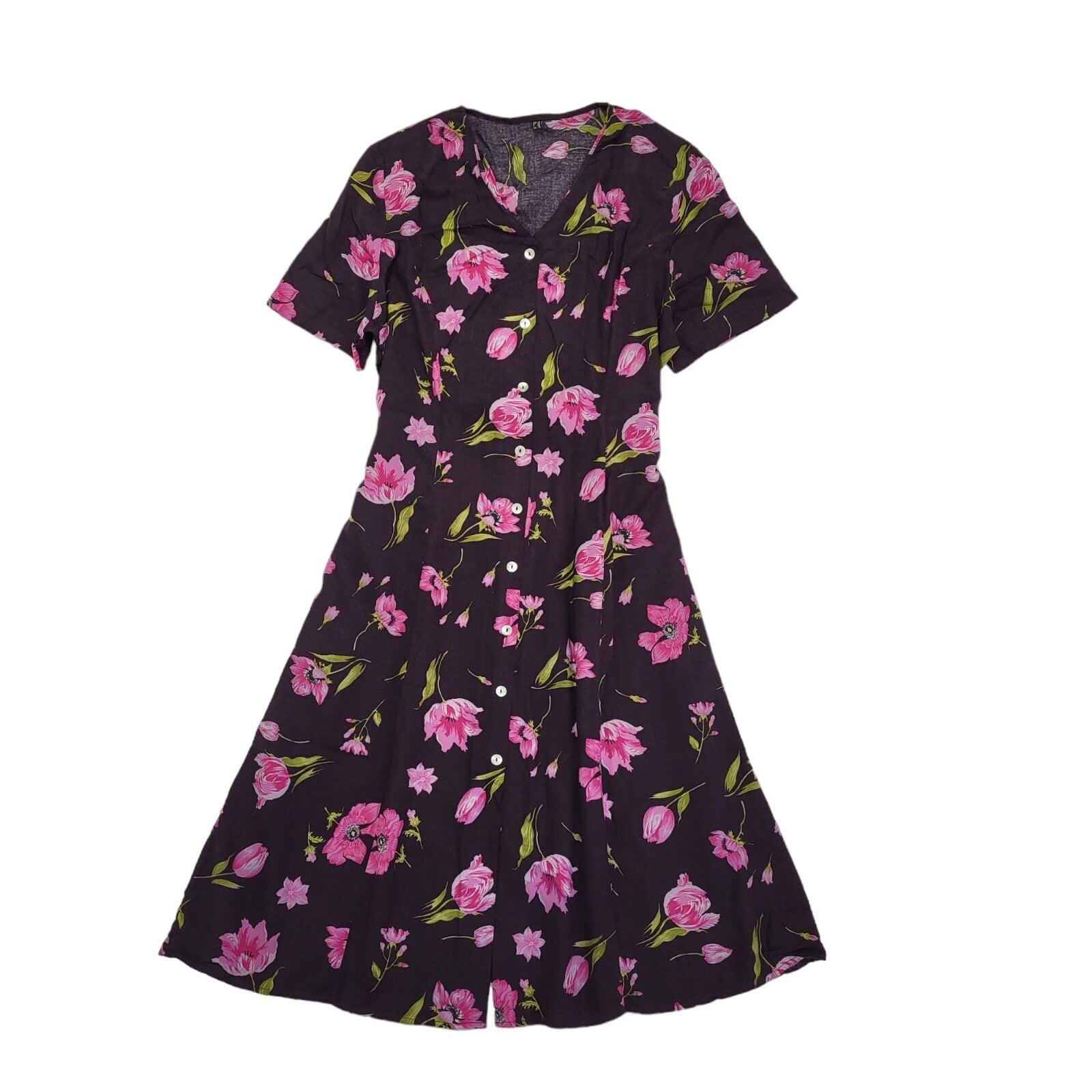 90s Vintage Black & Pink Floral Buttoned Daywear Dress Women's Size 18