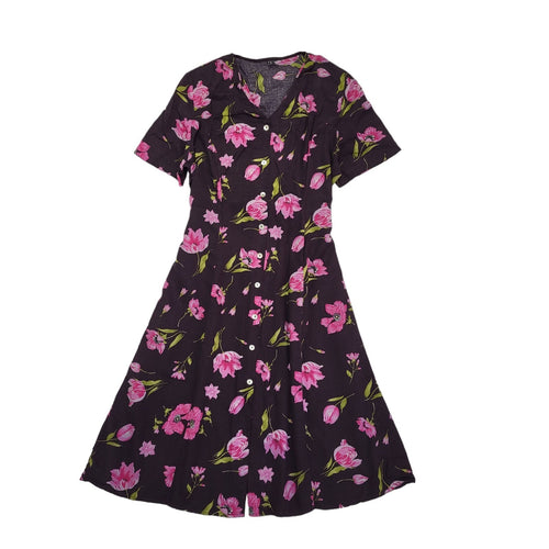 90s Vintage Black & Pink Floral Buttoned Daywear Dress Women's Size 18