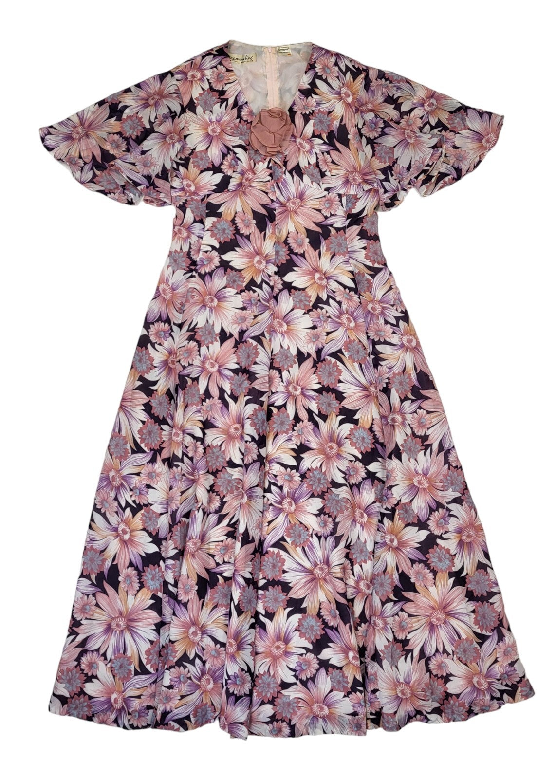 Desmoulins 70s Vintage Pink Floral V-Neck Maxi Dress Women's Size 16