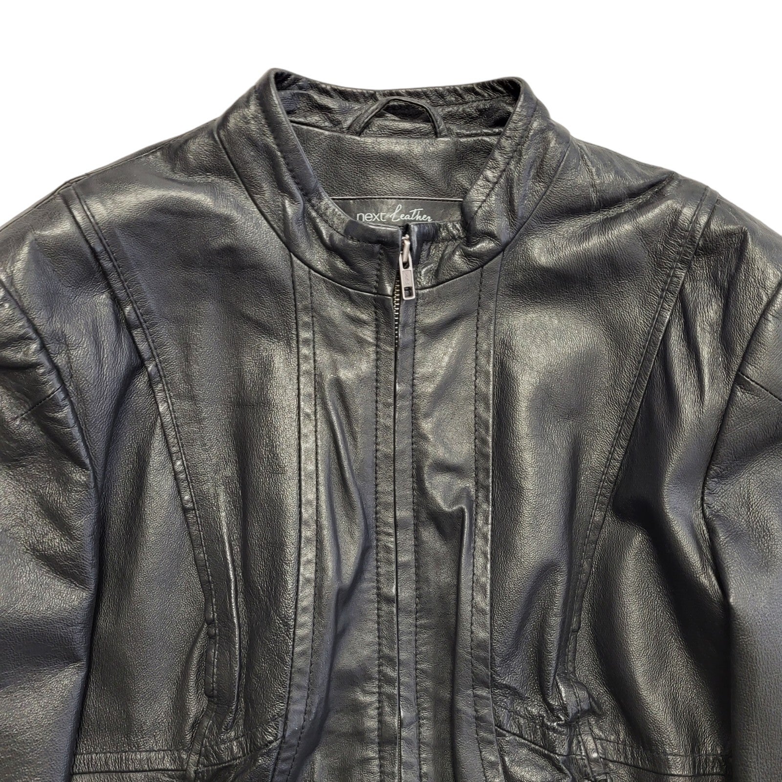 Next Black 90s Vintage Zipped Leather Jacket Uk Women's Size Medium
