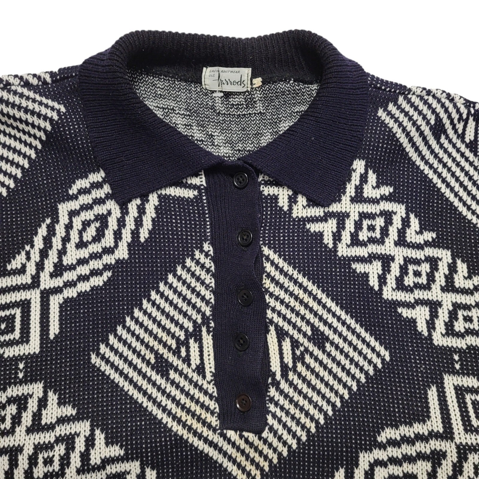 Harrods Vintage 80's Blue & White Button Up Collared Jumper Womens UK 16
