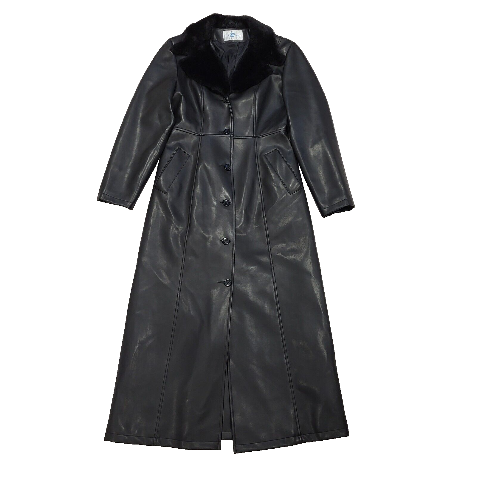 New Look Vintage 90s Black Faux Leather Rain Coat Uk Women's Size 12