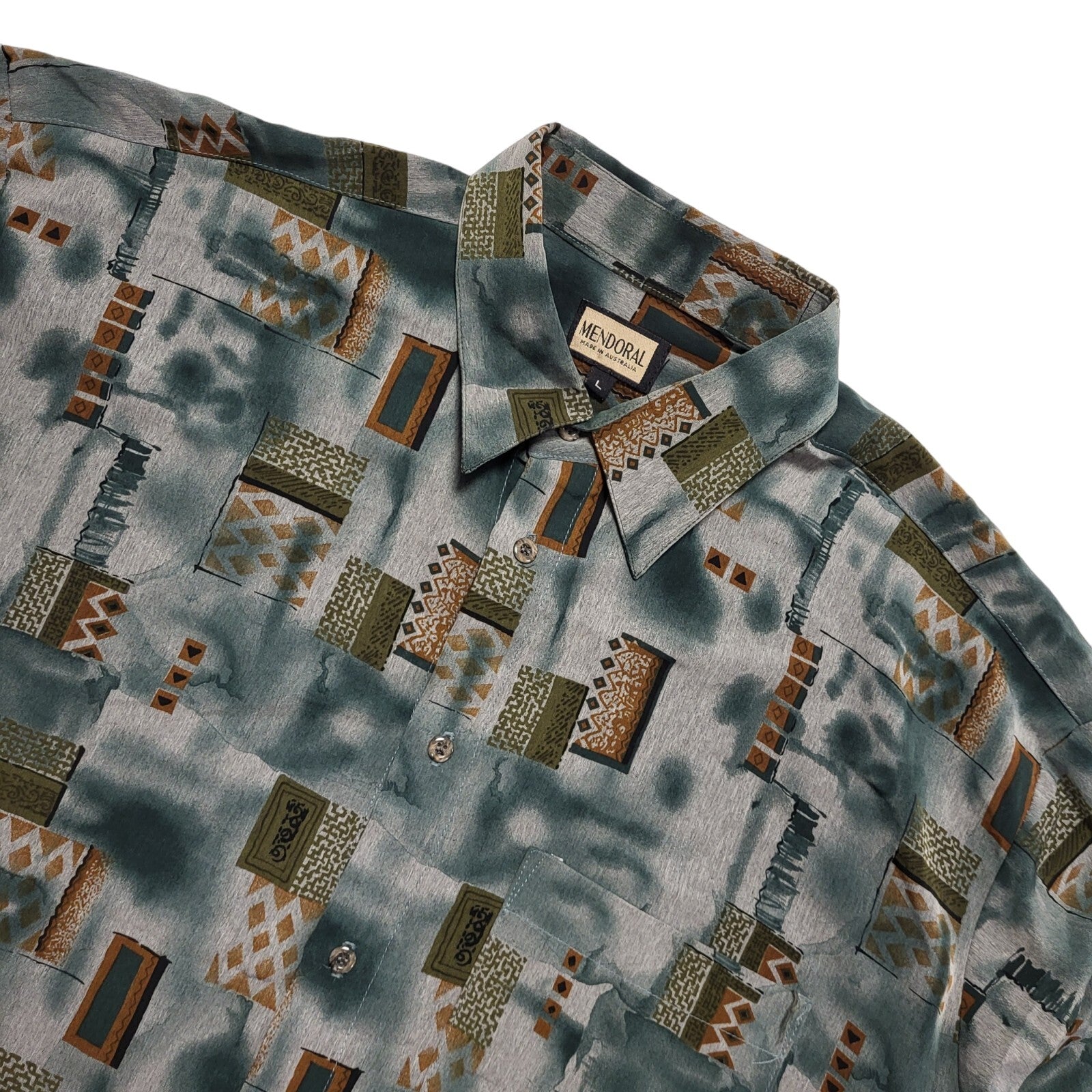 Mendoral 80's Green & Brown Retro Abstract  Short Sleeve Shirt Mens UK Size L