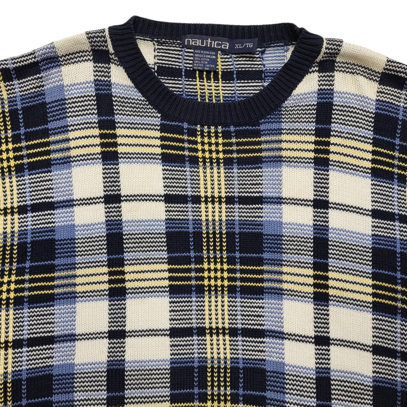 Nautica Vintage 90s Blue & White Check Crew Neck Jumper Uk Men's Size XL