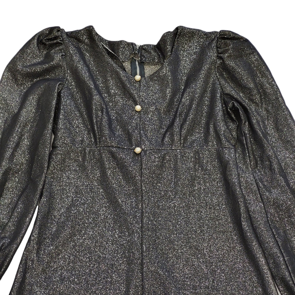 70s Vintage Black Sparkly Buttoned Balloon Sleeve Maxi Dress Women's Size 10