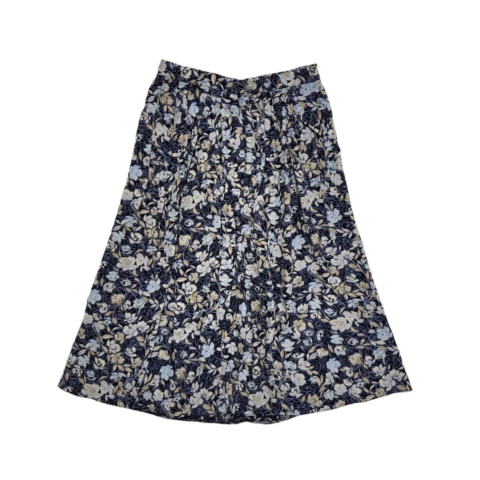 Marks And Spencer Vintage 80's Blue Floral A-Line Midi Skirt Womens UK Size 12