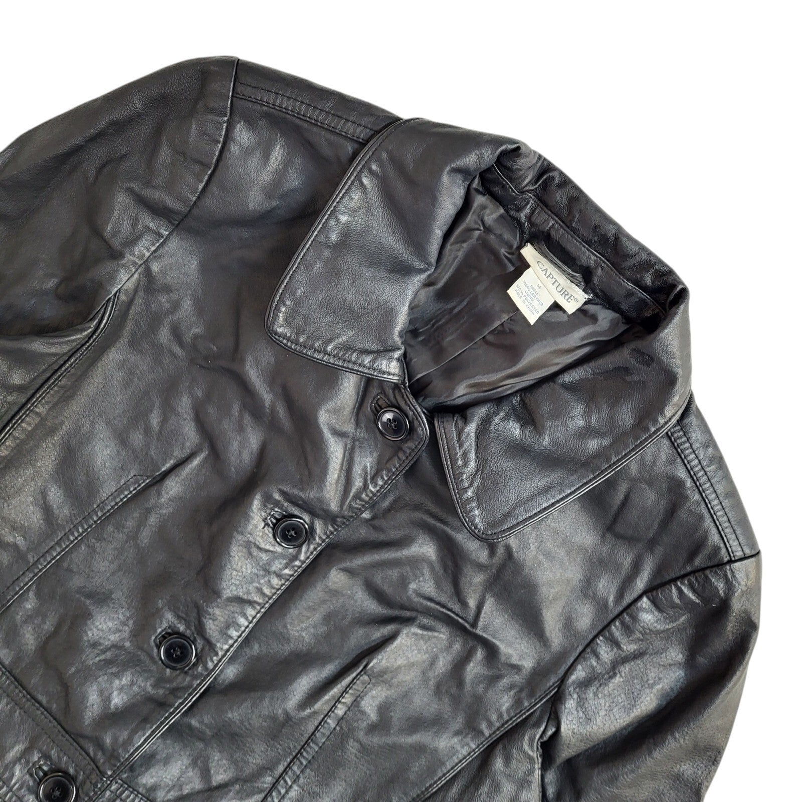 Capture Vintage 90s Button Black Leather Coat UK Women's Size 14