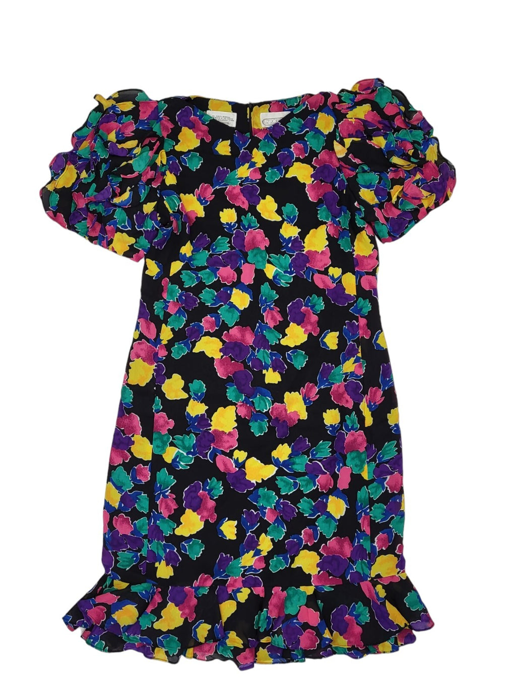 80s Vintage Liz Roberts Floral Print Ruffled Shoulder Party Dress Women's 16