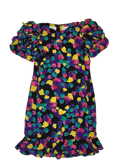80s Vintage Liz Roberts Floral Print Ruffled Shoulder Party Dress Women's 16
