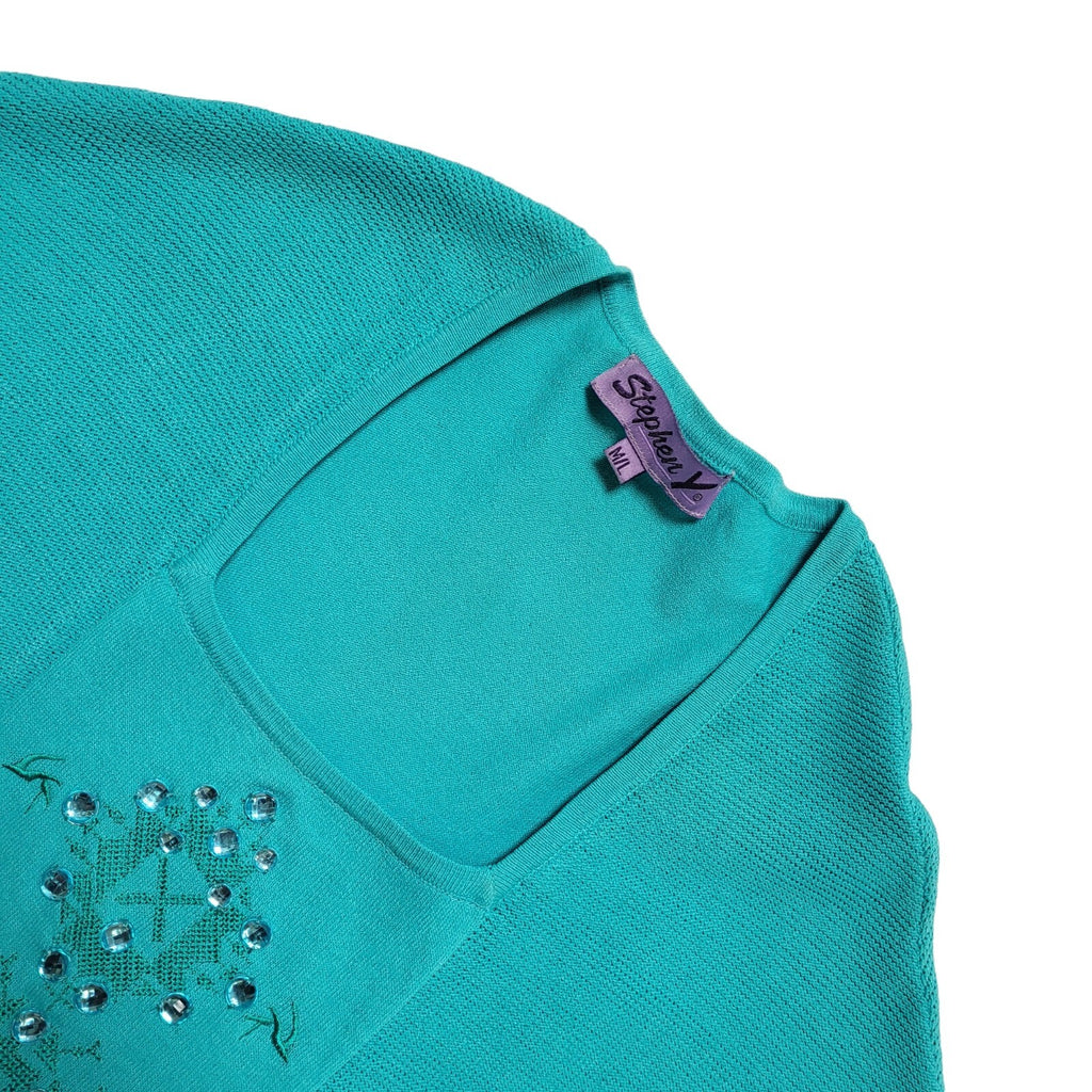 Stephen Y Vintage 80's Teal Jewelled Short Sleeve Jumper Womens UK M/L