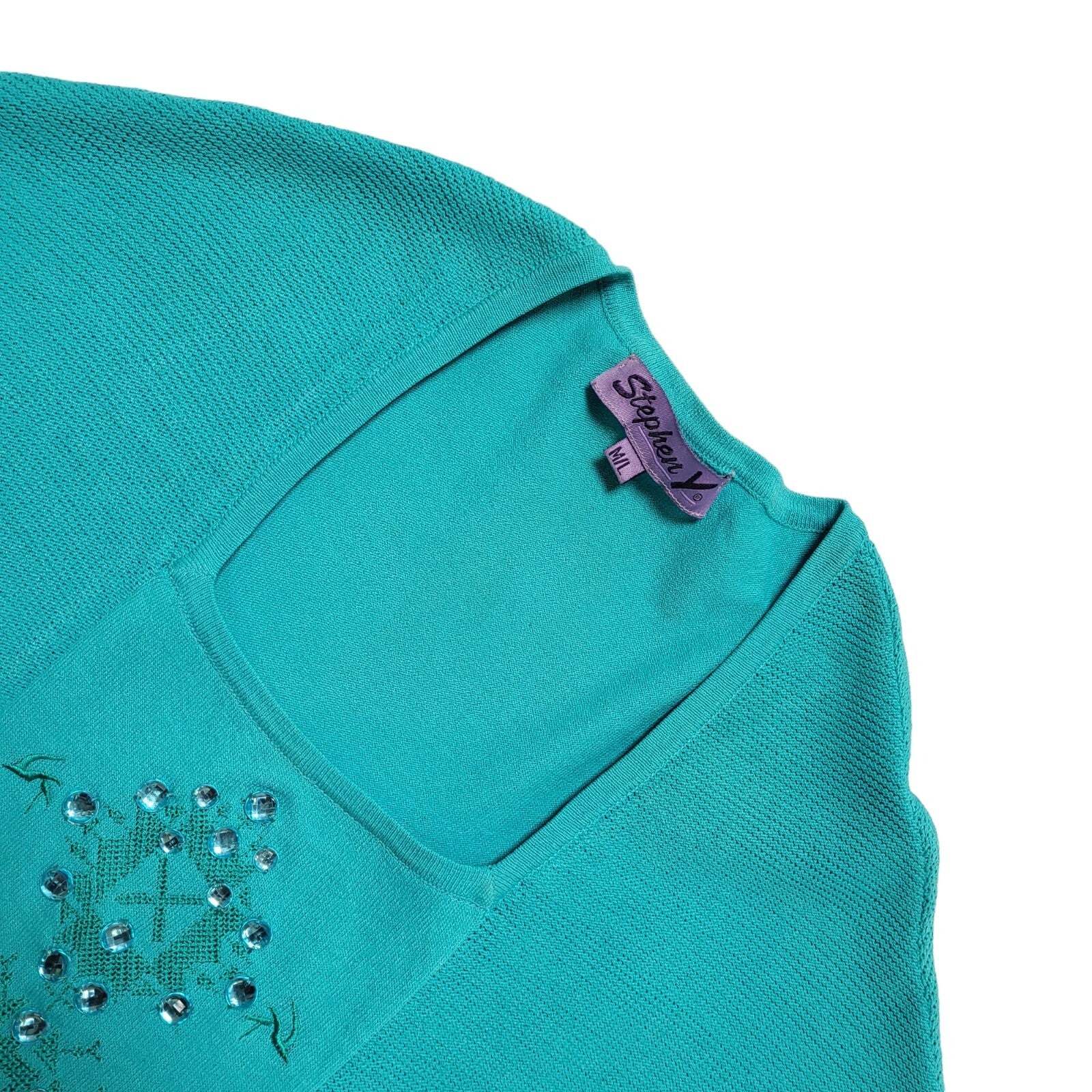 Stephen Y Vintage 80's Teal Jewelled Short Sleeve Jumper Womens UK M/L