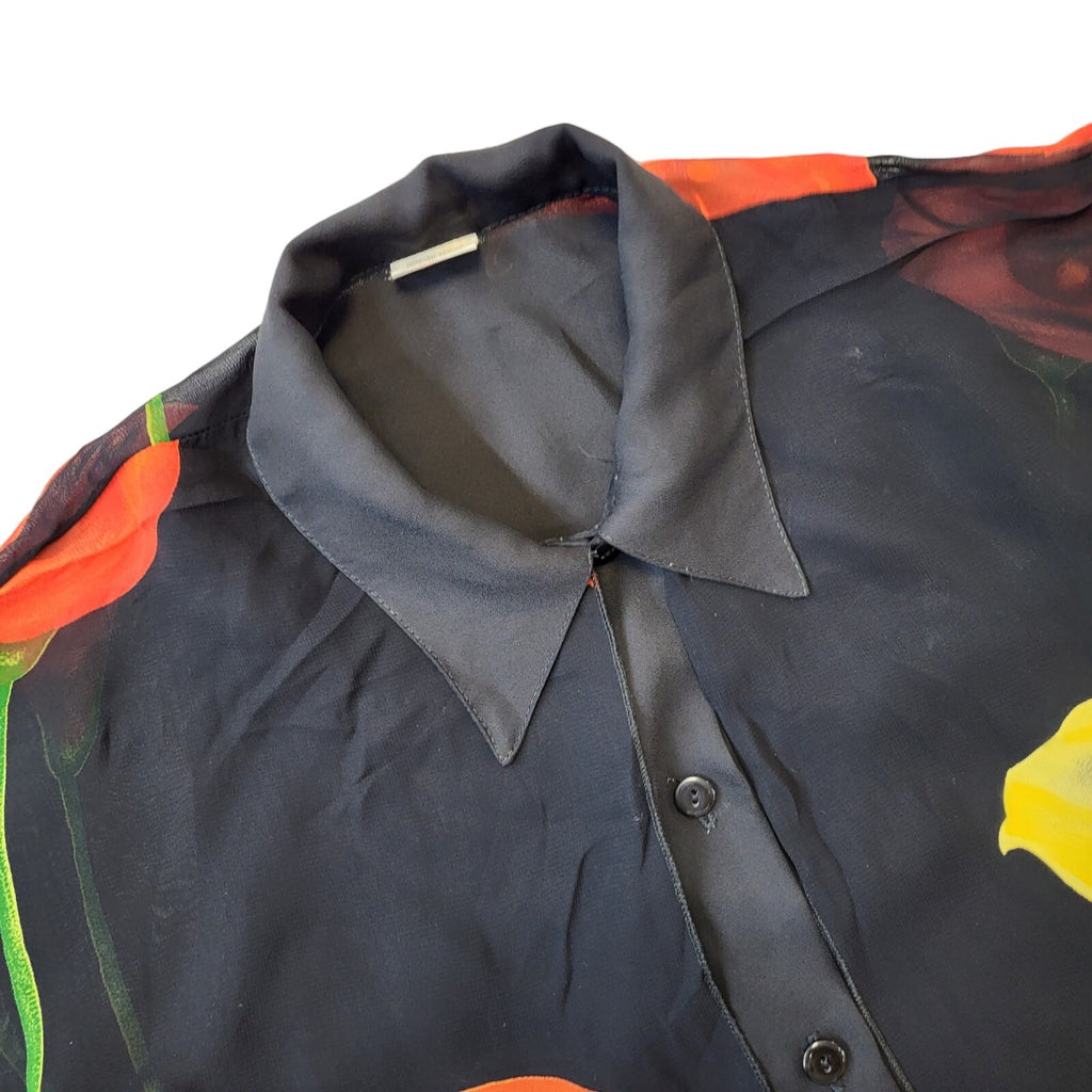 90s Vintage Black, Red & Yellow Floral Short Sleeve Blouse Women's L 12-14