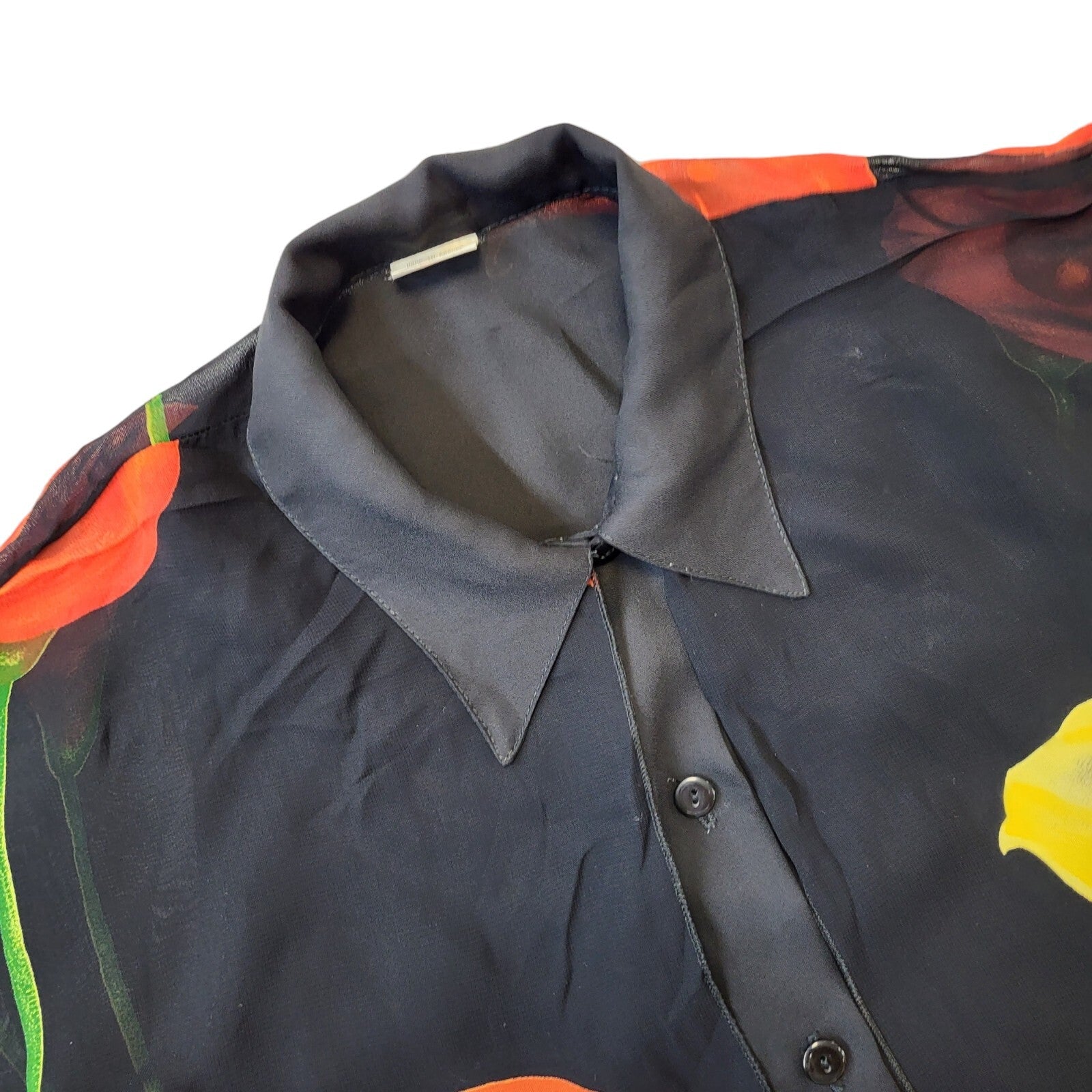 90s Vintage Black, Red & Yellow Floral Short Sleeve Blouse Women's L 12-14