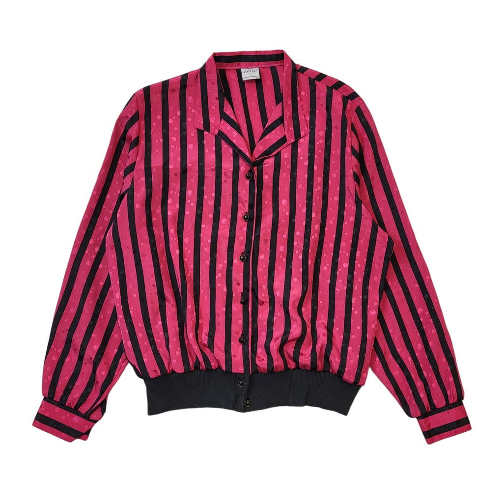 Elsie 80s Vintage  Pink & Black Striped Long Sleeve Blouse Women's Size 16 EU 44