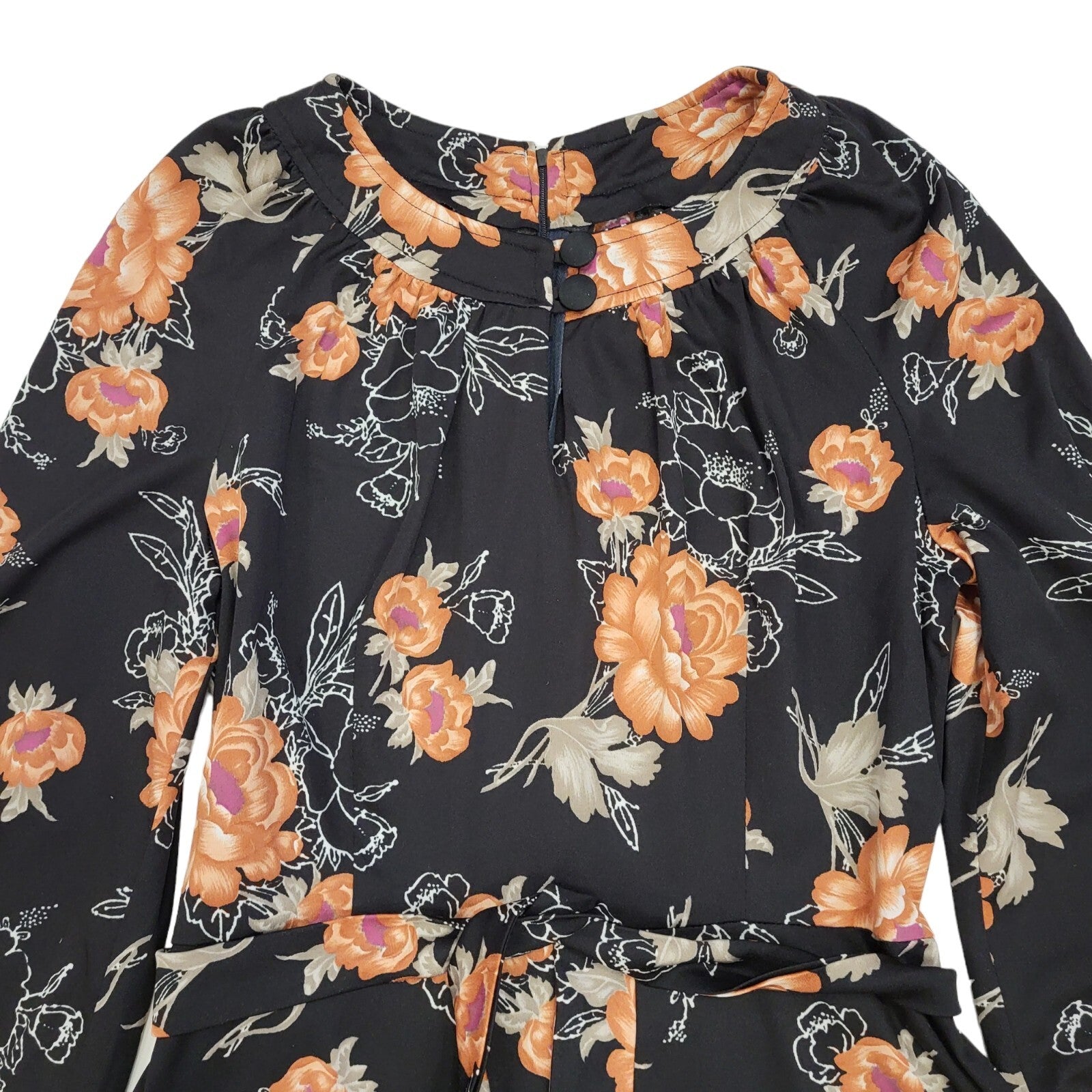 70s Vintage Black Floral Belted Balloon Sleeve A-Line Dress Women's 12