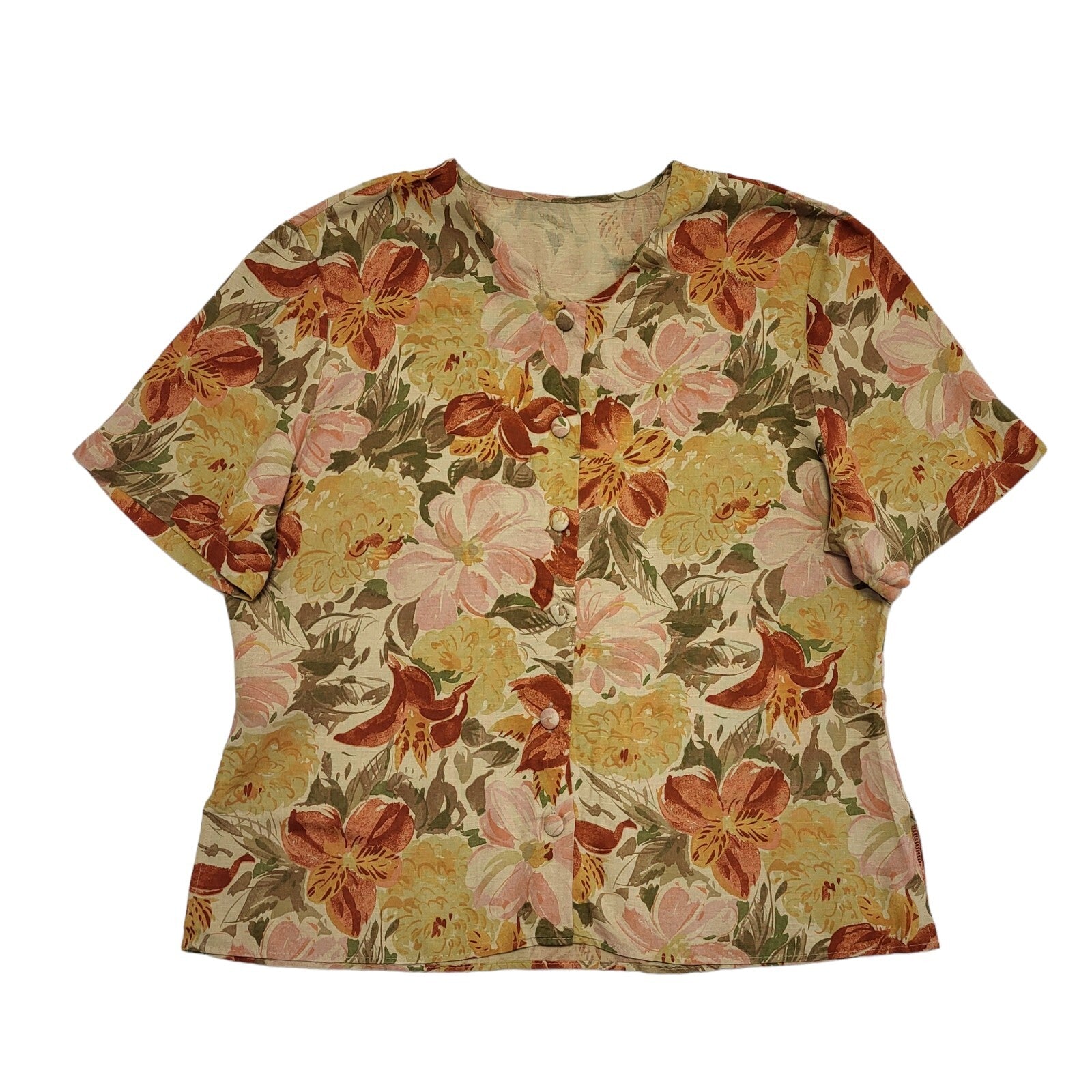 St Michael Vintage 90's Short Sleeve Button Up Floral Orange Blouse Womens UK 16