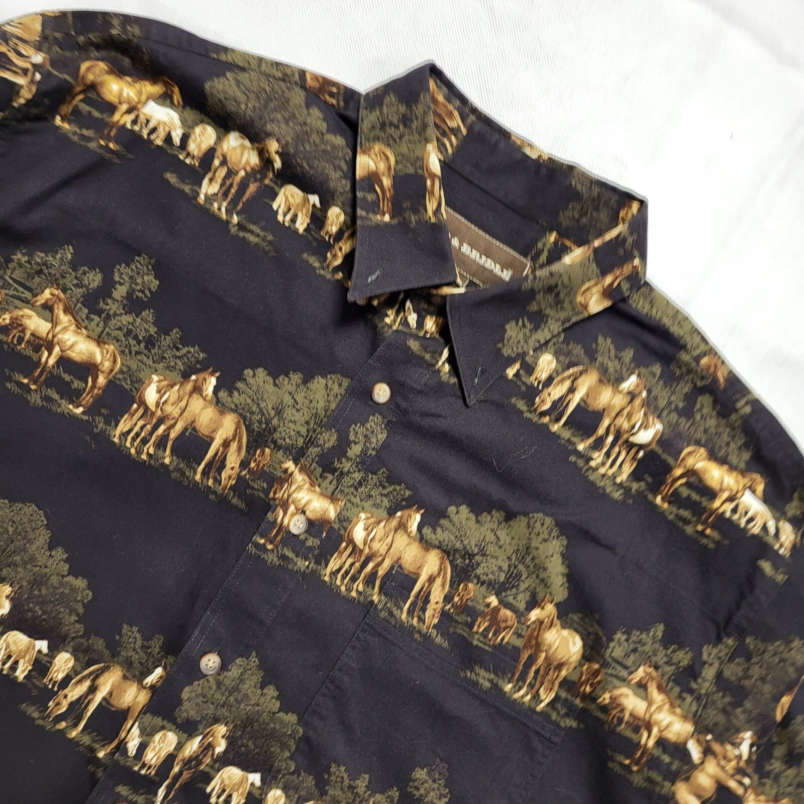 Bit & Bridle Vintage 80's Brown Horse Print Long Sleeve Shirt Men's UK Size L