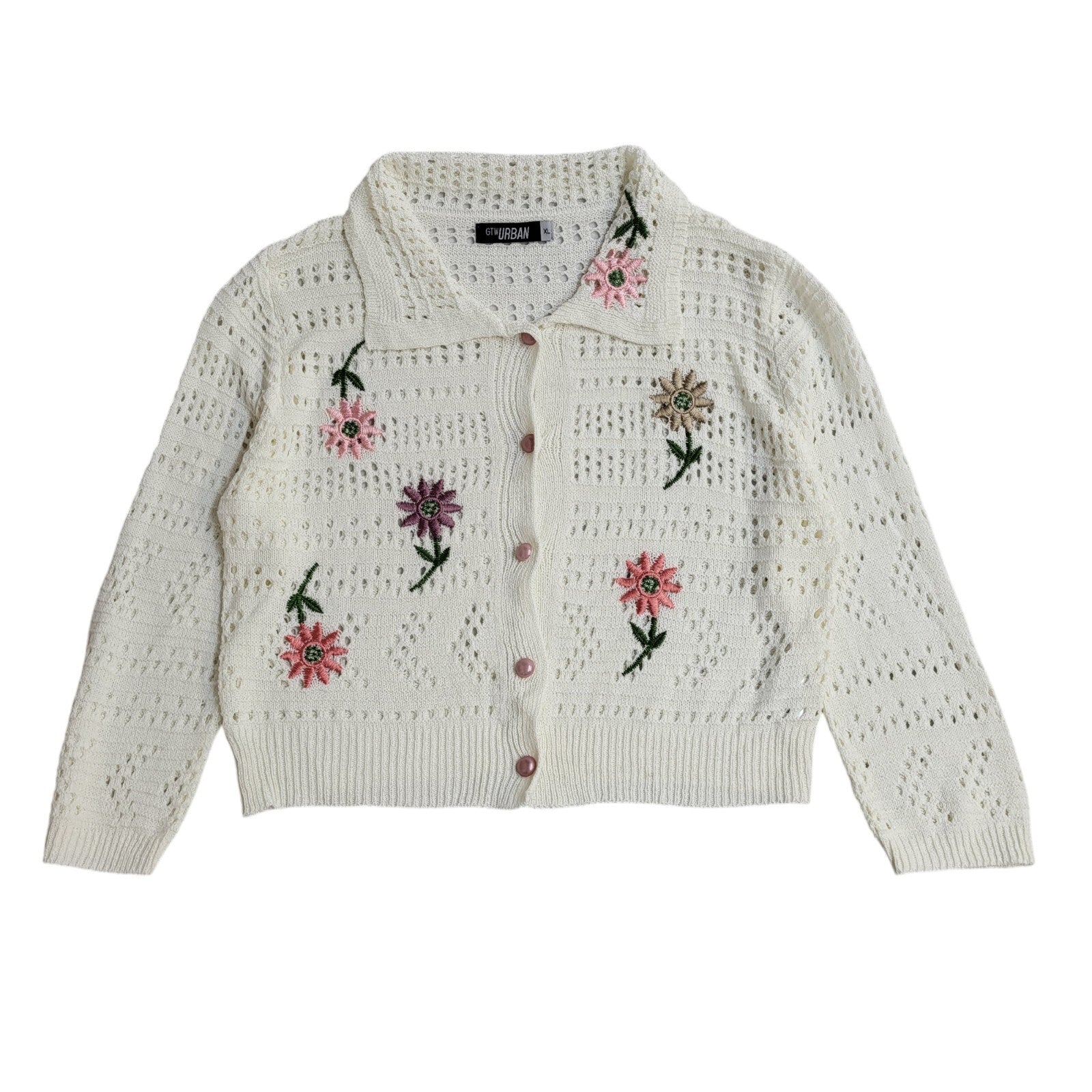 GTW Urban 80s Vintage White Floral Button Up Cardigan UK Women's Size XL