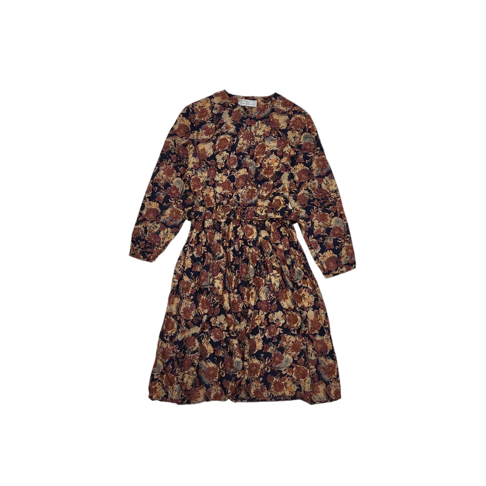 Marks & Spencer 90s Vintage Brown Floral Belted Daywear Dress Women's 14
