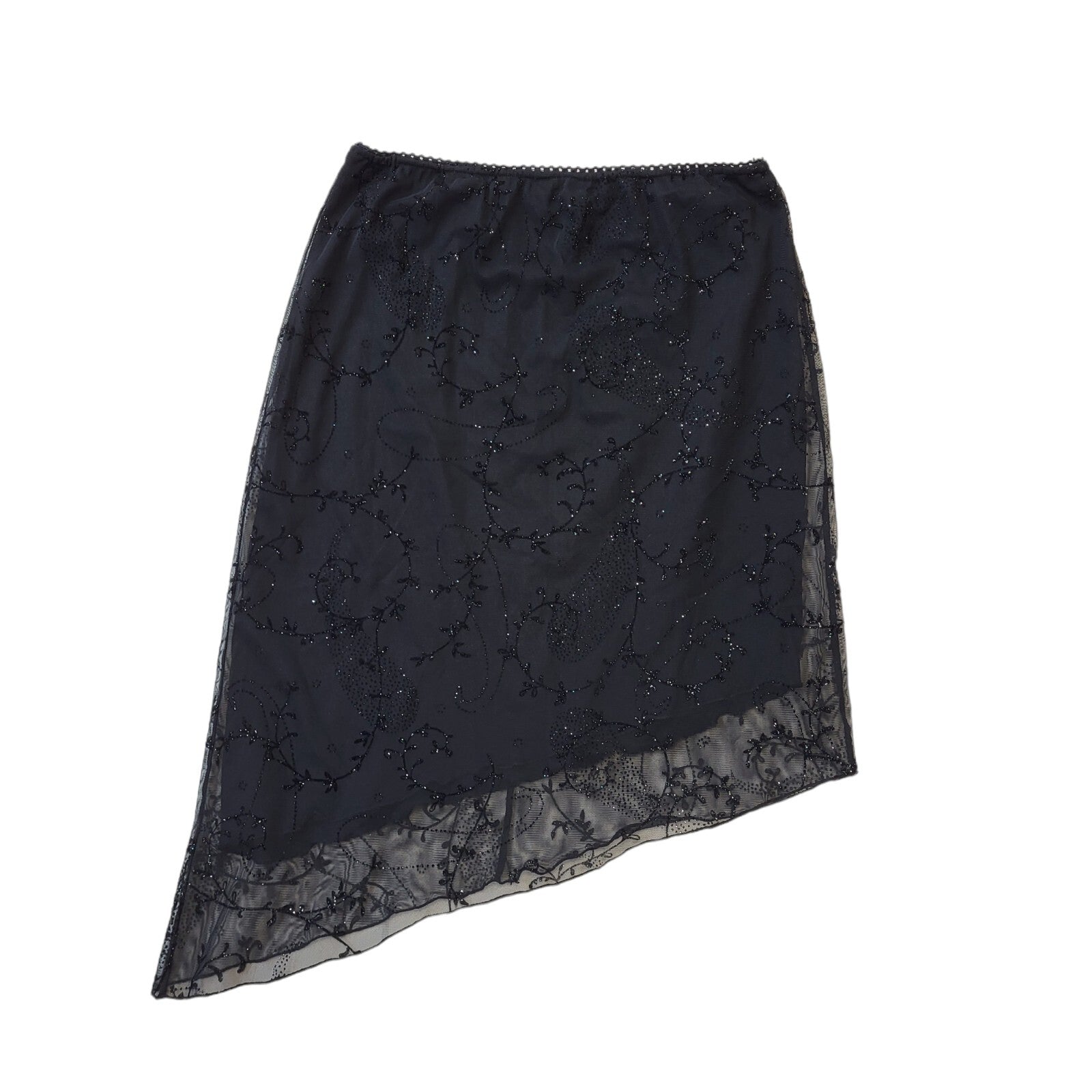 Lipsy Vintage Y2K Black Glitter Print Asymmetrical Skirt Women's Size M/L