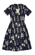 90s Vintage Blue Leaf Print Buttoned Daywear Midi Dress Women's Size S