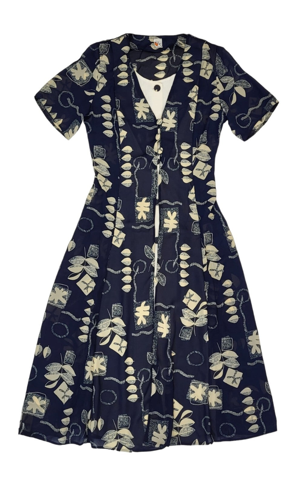 90s Vintage Blue Leaf Print Buttoned Daywear Midi Dress Women's Size S