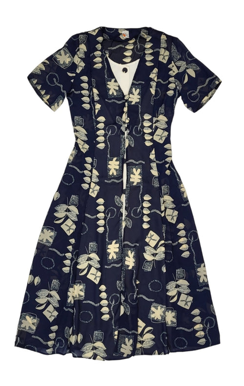 90s Vintage Blue Leaf Print Buttoned Daywear Midi Dress Women's Size S