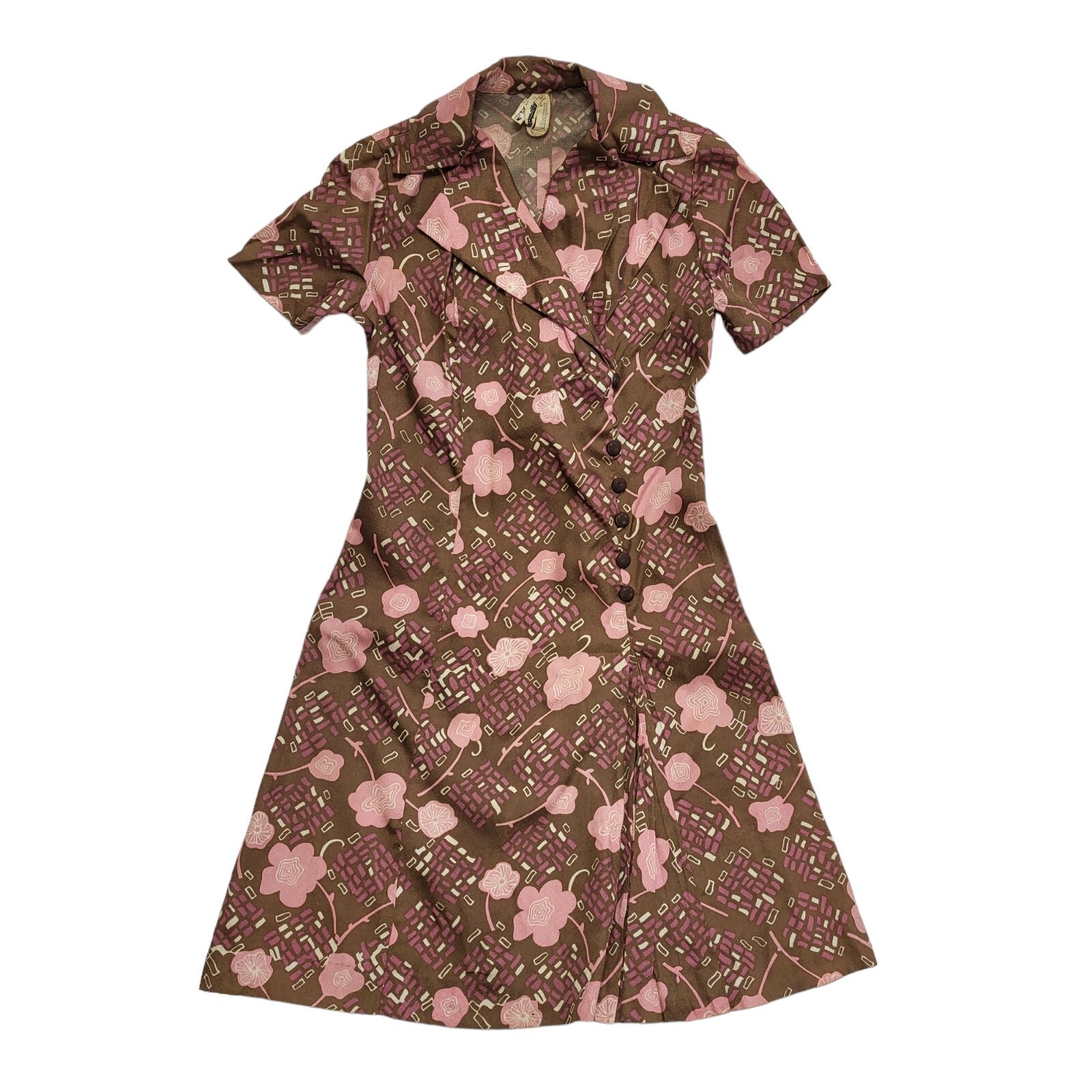 70s Vintage Brown & Purple Floral Collared Daywear Dress Women's 10
