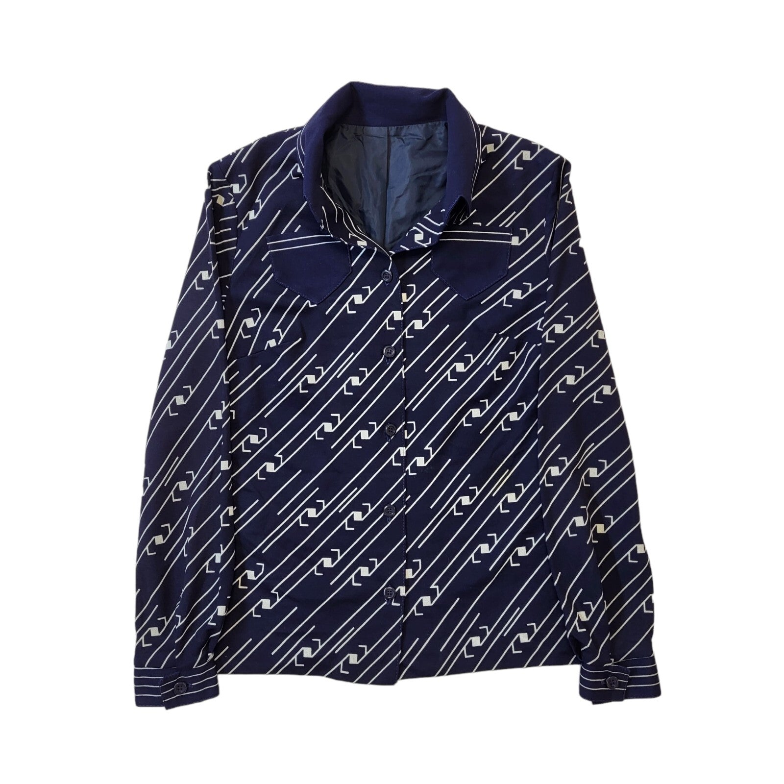 Lerose 70s Vintage Navy Blue & White Blouse Women's Size 14
