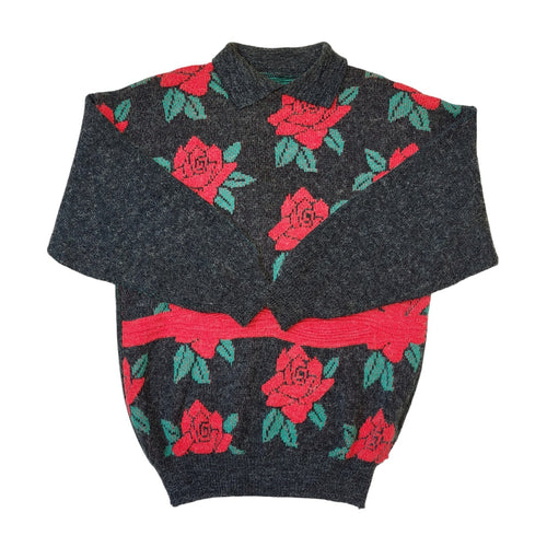 80s Vintage Grey, Red & Green Collared Floral Jumper Women's Size 16 Eu 44