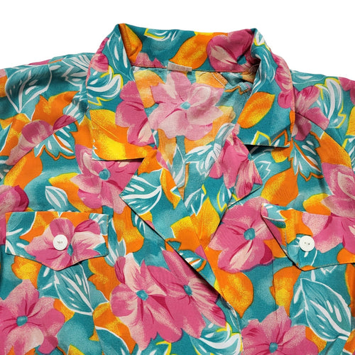 80s Vintage Pink Green Wrap Top Floral Daywear Pleat Dress Women's Size 14