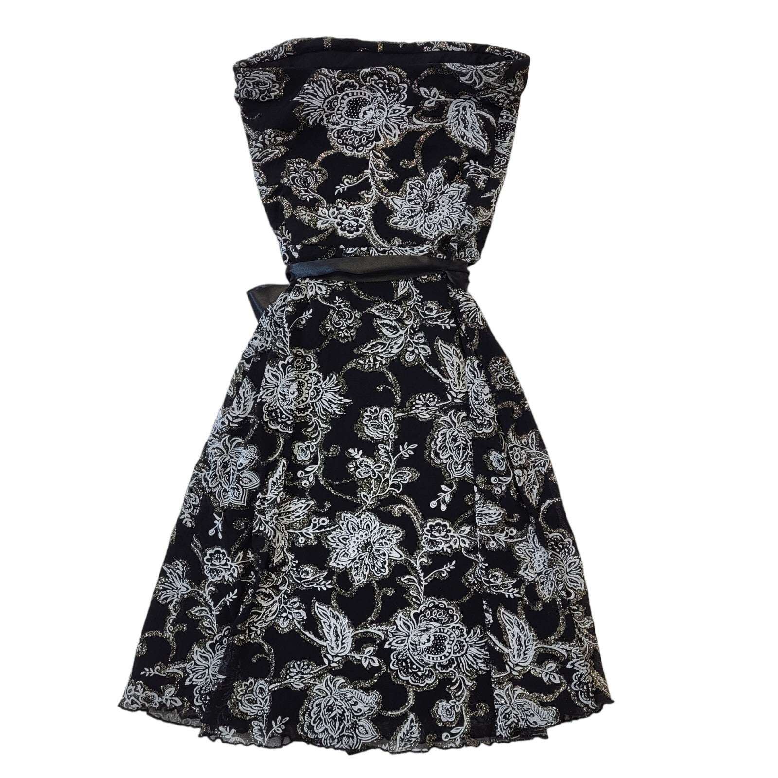 Jane Norman Y2K Strapless Black Glitter Floral Dress UK 10
