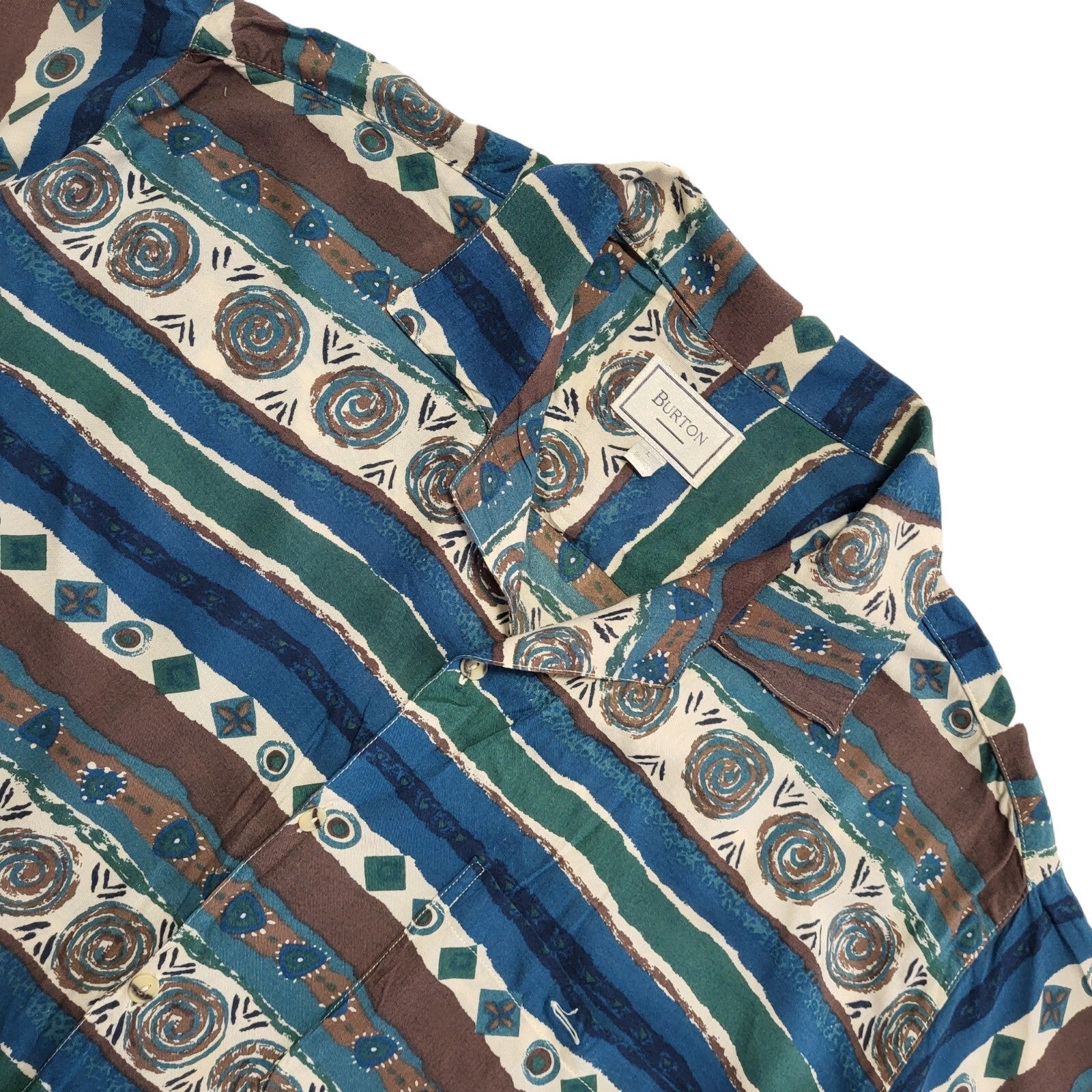 Burton 90s Blue Green Abstract Short Sleeve Retro Shirt Uk Men's Size L