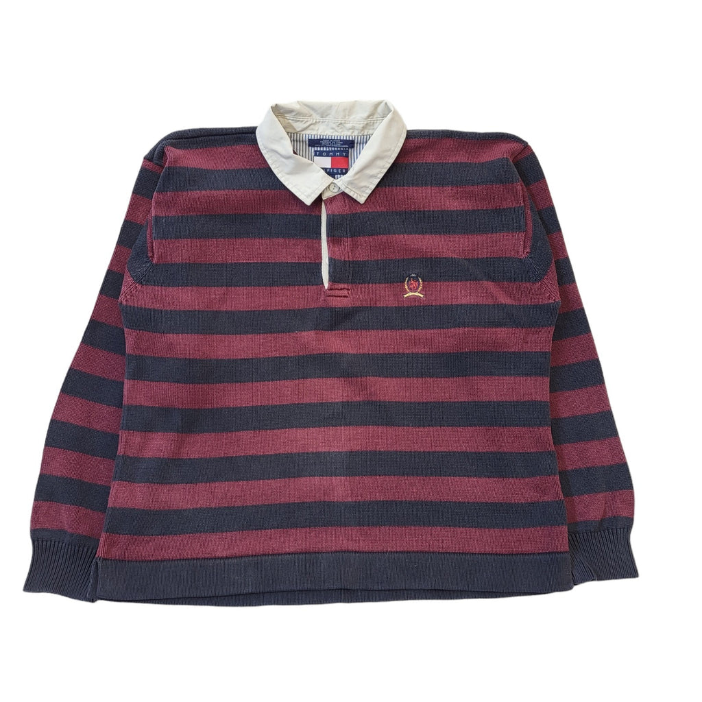 Tommy Hilfiger 90's Vintage Maroon & Black Stripe Collared Jumper Men's Size L